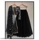 Black silk A-line lehenga set with embroidered floral dupatta, featuring semi-stitched net lehenga and ultra-satin blouse. Traditional Indian bridal wear for parties, functions, sangeet, mehendi, receptions, and weddings. Made in India