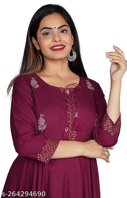 Rayon printed women's casual anarkali kurta, three-quarter sleeves, ideal for festive and party wear