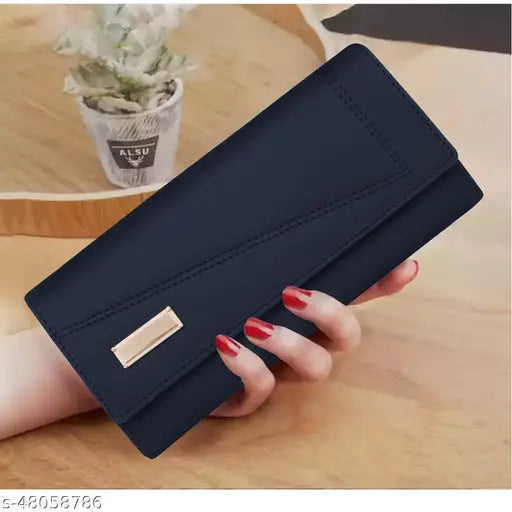 Dark blue faux leather hand clutch, 3 compartments, perfect for women's essentials. India-made