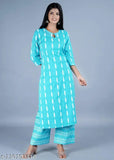 Printed cotton blend kurta and palazzo set for women, three-quarter sleeves, single size, XS (34/32/36), comfortable for parties and festivals, Indian origin