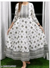 White gold print rayon Anarkali kurti for women, three-quarter sleeves, vibrant Indian design on display