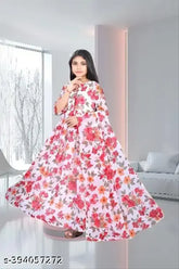 Cotton girls gowns: A-line, embroidered, knee-length for comfortable fashion. Printed, long sleeves, suitable for playdates and festivities. Made in India