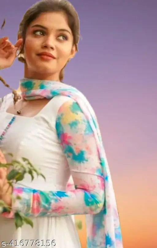 Fancy white georgette kurti5 with dupatta, pastel shades, long sleeves, India-made