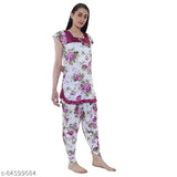 Floral print satin nightdress and dhoti-style pyjama set for women and girls, Indian-made, floral pattern with short sleeves