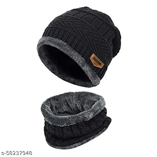 Stylish men's black beanie wool cap with neck warmer, dual layer design, super thick & chunky knit, soft fleece lining, one size fits most, great for winter sports and outdoor activities