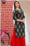 Green Rayon Kurta & Lal Sharara, printed multicolour partywear with three-quarter sleeves, India origin