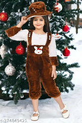 Brown wool sweater jumpsuit with applique patterns and three-quarter sleeves, accessorized with a bow tie. Fancy winter wear for kids aged 9-10 years, originating from India