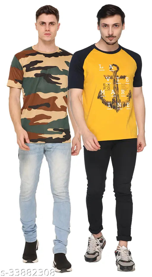 Men's cotton blend round neck T-shirt, short sleeves, printed design. On model Shaun, perfect for casual wear. Made by Oasis Garments in India
