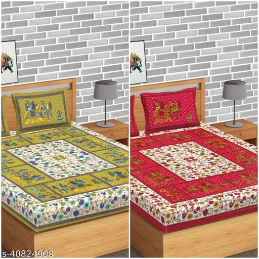 Cotton double bedsheets, RJ-14 Hometrade India Jaipuri pattern - set of two, ideal for summer