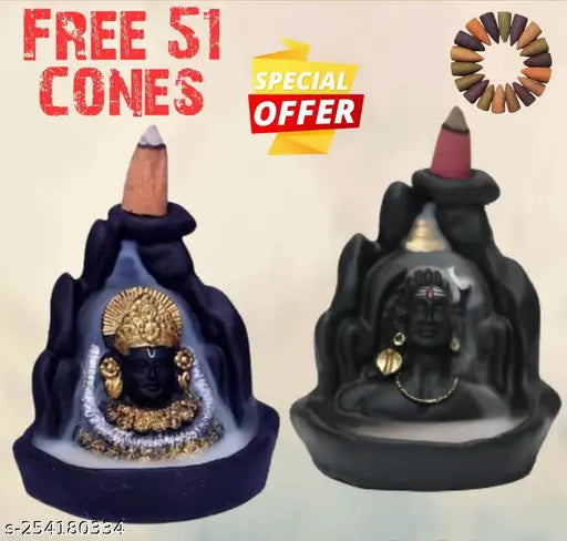 Poly resin Adiyogi and Khatu Syam baba smoke backflow showpiece combo for home decoration with 51 cones, Indian God figurines with back-flow incense burner