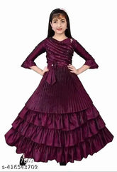 Purple silk ethnic grown dress, three-quarter sleeves, soft and smooth fabric for kids' events or parties