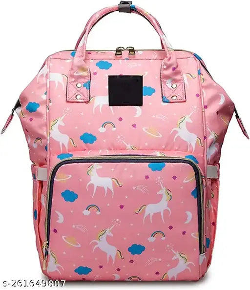 Pink unicorn diaper backpack, waterproof nappy bag with eco-friendly materials for maternity essentials