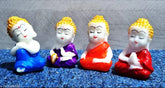 Colorful poly resin Laughing Buddha figurines, 4 monks for home or office decor, 3.5cm x 5cm x 2.5cm