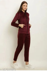 Velvet tracksuit set for women and girls, solid pattern active wear clothing for winter, India-made women's fashion top & trousers
