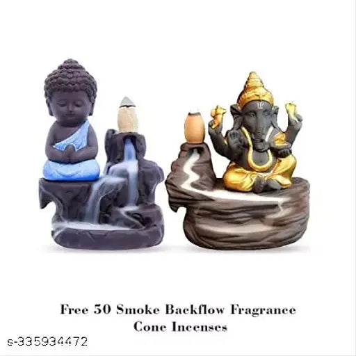 Skyblue gold resin handcrafted DopinBuddha Ganesh Combo incense holder showpiece statue with 51 back flow cones, 8cmx10cmx10cm