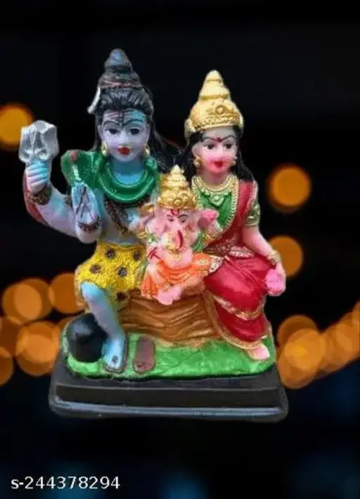 Marble-textured Shiva Parvati and Ganesha idol set, enhancing peaceful family life, Indian origin