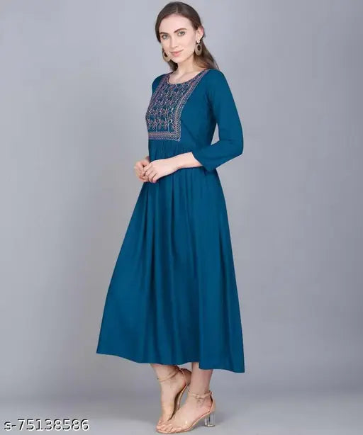 Embroidered Rayon Anarkali dress, three-quarter sleeves, Indian fashion style