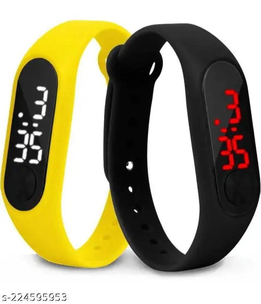 Yellow multi-color digital sports watch with cartoon characters, water-resistant, skin-friendly silicon strap for kids, great time management tool