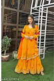 Georgette Bhandani Print Yellow Sharara Set: Indian-made yellow sharara suit with matching dupatta and bottoms, featuring long sleeves and Lucknowi Chikankari work. Single set available
