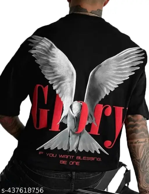 Black cotton blend men's round neck t-shirt, printed design, short sleeves, size N