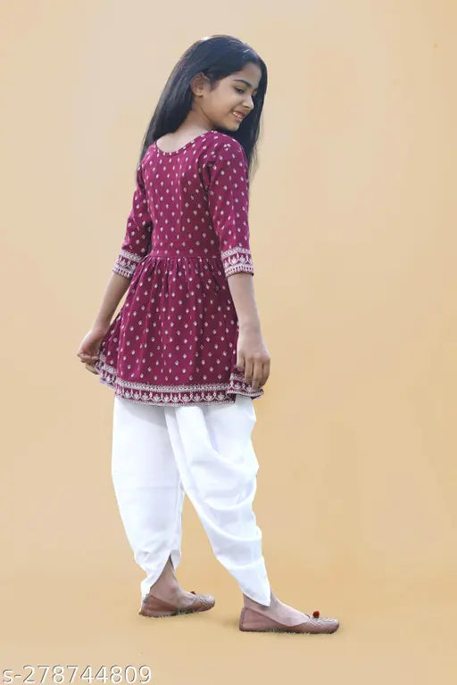 Girls rayon anarkali set top & dhoti pants, printed in 5-13 years sizes, Indian traditional clothing on display