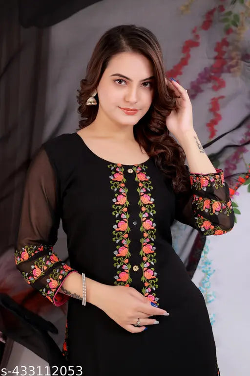 Black Georgette embroidered kurta with dupatta and bottomwear, featuring long sleeves and knee length, on a mannequin. Zari lace work and zari less neckless dupatta, measuring 2-2.25 meters. Indian handcrafted clothing in sizes L, XL, XXL