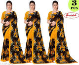 Three printed Georgette sarees with separate blouse pieces, free size, Indian origin