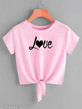 Pink knot crop top with love printed design, women's Lycra short sleeve, India-made