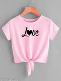 Pink knot crop top with love printed design, women's Lycra short sleeve, India-made