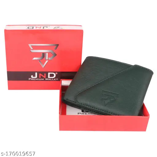 Green faux leather men's JnD Kaan wallet, 2 compartments, textured pattern, durable and well-designed for everyday essentials, made in high-quality PU leather from India