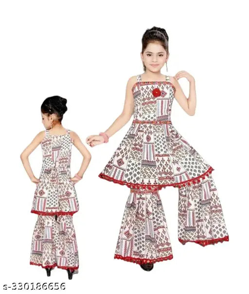 Printed cotton blend Sharara set for girls, Indian ethnic fashion, knee-length top, no dupatta