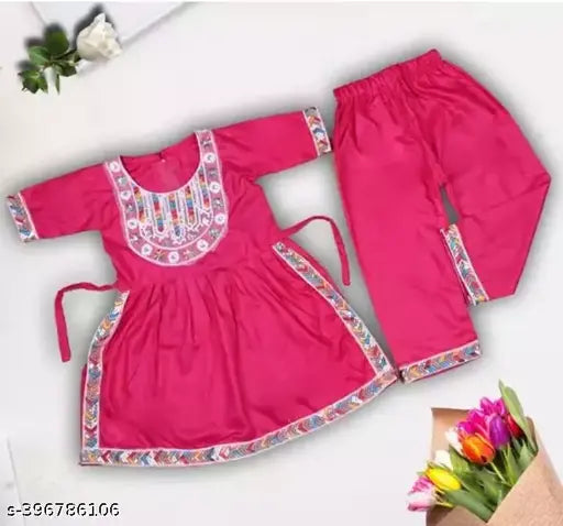 Pink cotton blend embroidered kaftan kurta and pant set for kids, versatile and fashionable Indian attire for casual occasions