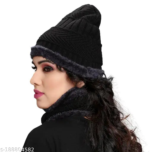 Woolen unisex beanie cap with neck muffler, soft and warm for winter, Made-in-India