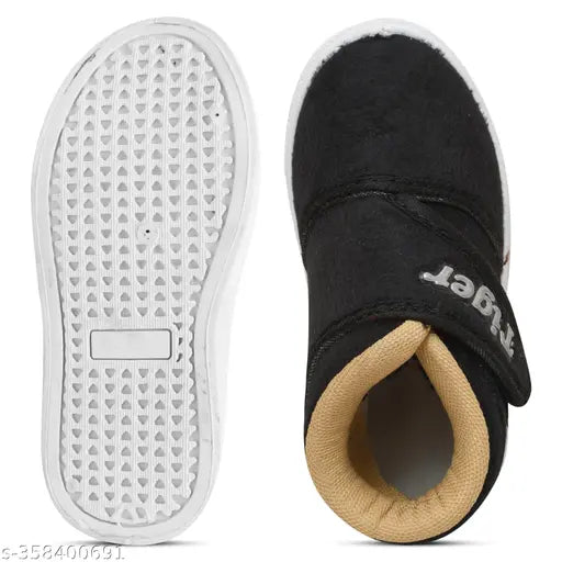 Black Velvet Kids Shoes: Unisex velvet and PVC walking shoes with velcro fastening, ideal for winter season in sizes 12-18 Months to 3-4 Years