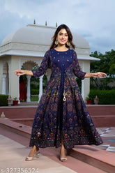 Blue rayon embroidered Anarkali kurta with three-quarter sleeves, printed combo, front slit design for festive occasions