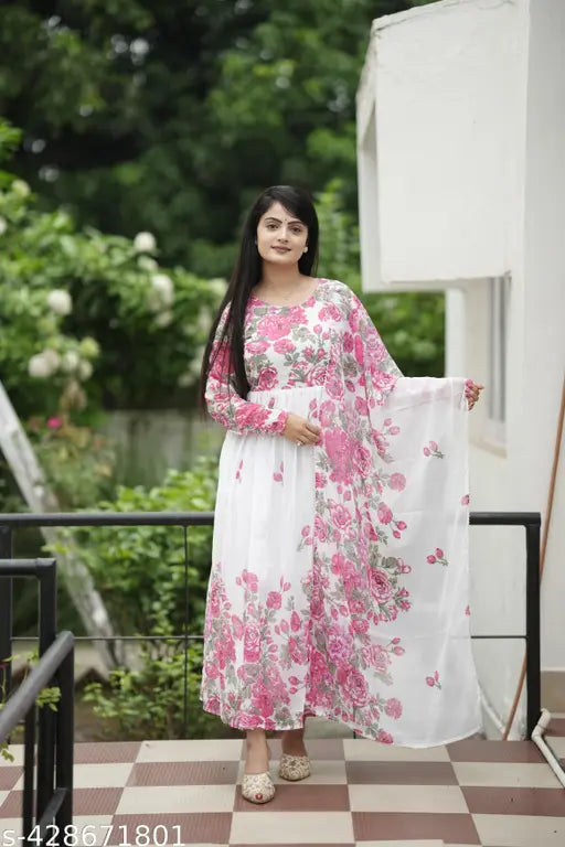 White Georgette ethnic dress, printed floral design with matching dupatta, Indian fashion on model