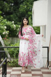 White Georgette ethnic dress, printed floral design with matching dupatta, Indian fashion on model