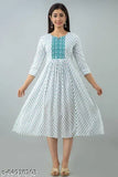 White rayon printed Anarkali kurta with three-quarter sleeves, vibrant floral print on festive Indian fashion wear