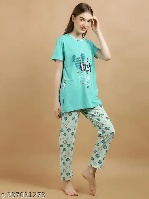 Women's long cotton nightsuit, short sleeve pajama set with printed net design and side pockets, high-quality summer sleepwear in vibrant colors, made in India