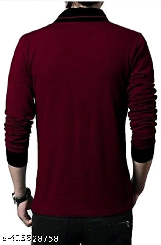 Trendy modern cotton long-sleeved solid-colored men's t-shirts, collar style in S, M, L, XL, XXL, Indian origin