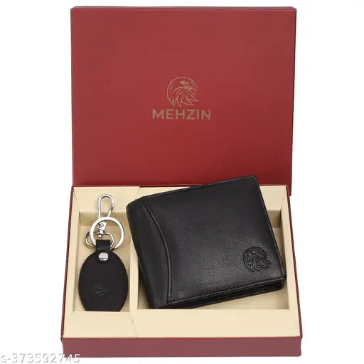 Black genuine leather RFID wallet with 13 card slots, key ring combo gift set. Durable bi-fold design, compact yet spacious for essentials. Made in India