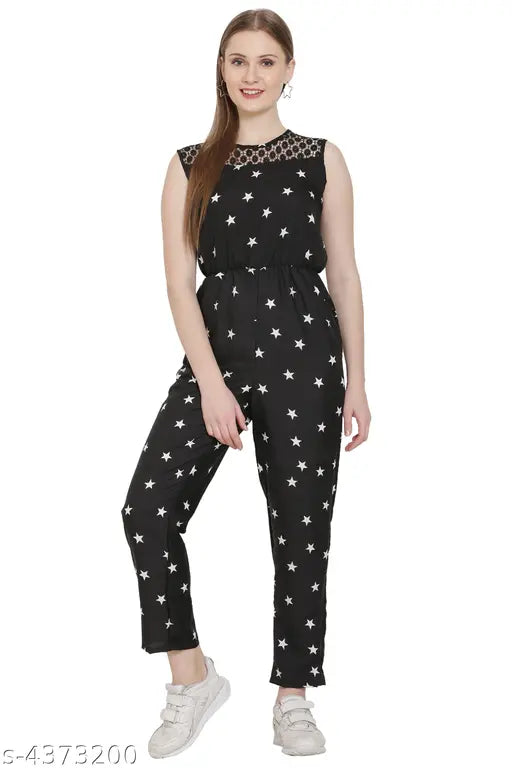 Sleeveless printed net poly crepe jumpsuit for women, size L/XL. Made in India