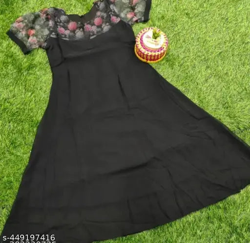 black georgette kurti, digital printing partywear for women with short sleeves and self-designed print in attractive colors