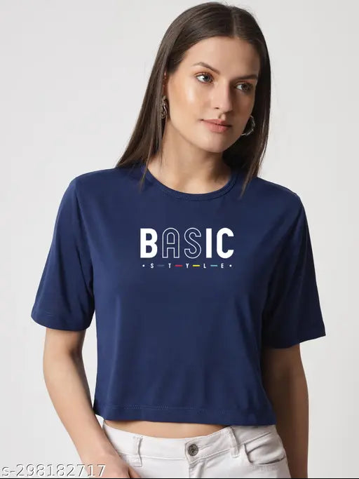 Navy blue graphic print crop t-shirt, pure cotton blend for women, short sleeves, round neck