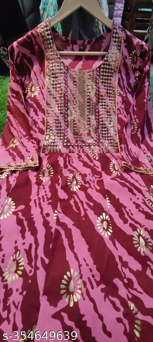 Foil gold print embroidered rayon Anarkali kurti for women, three-quarter sleeves, printed design on a vibrant Indian outfit