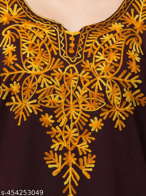 Winter woolen kurti, embroidered round neck, hand-embroidery work on rainbow yarn for women, India