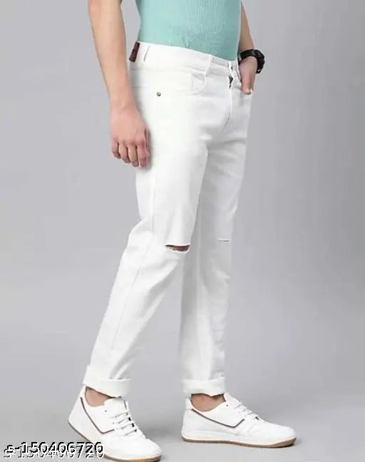 White denim COMFITS knee-cut jeans for men, solid pattern, fits perfectly for occasions. Size 28, 30, 32, 34, 36 (waist 28/30/32/34 in, length 40/41 in). Made in India