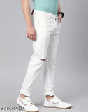White denim COMFITS knee-cut jeans for men, solid pattern, fits perfectly for occasions. Size 28, 30, 32, 34, 36 (waist 28/30/32/34 in, length 40/41 in). Made in India