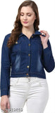 Dark blue denim women's long-sleeved jacket, solid pattern, sizes S-XL, made in India