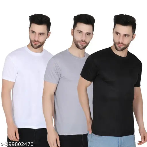 Adhirahub mens solid round neck tshirts - polyester, short sleeves, pack of 3 (S-XXL), Indian-made